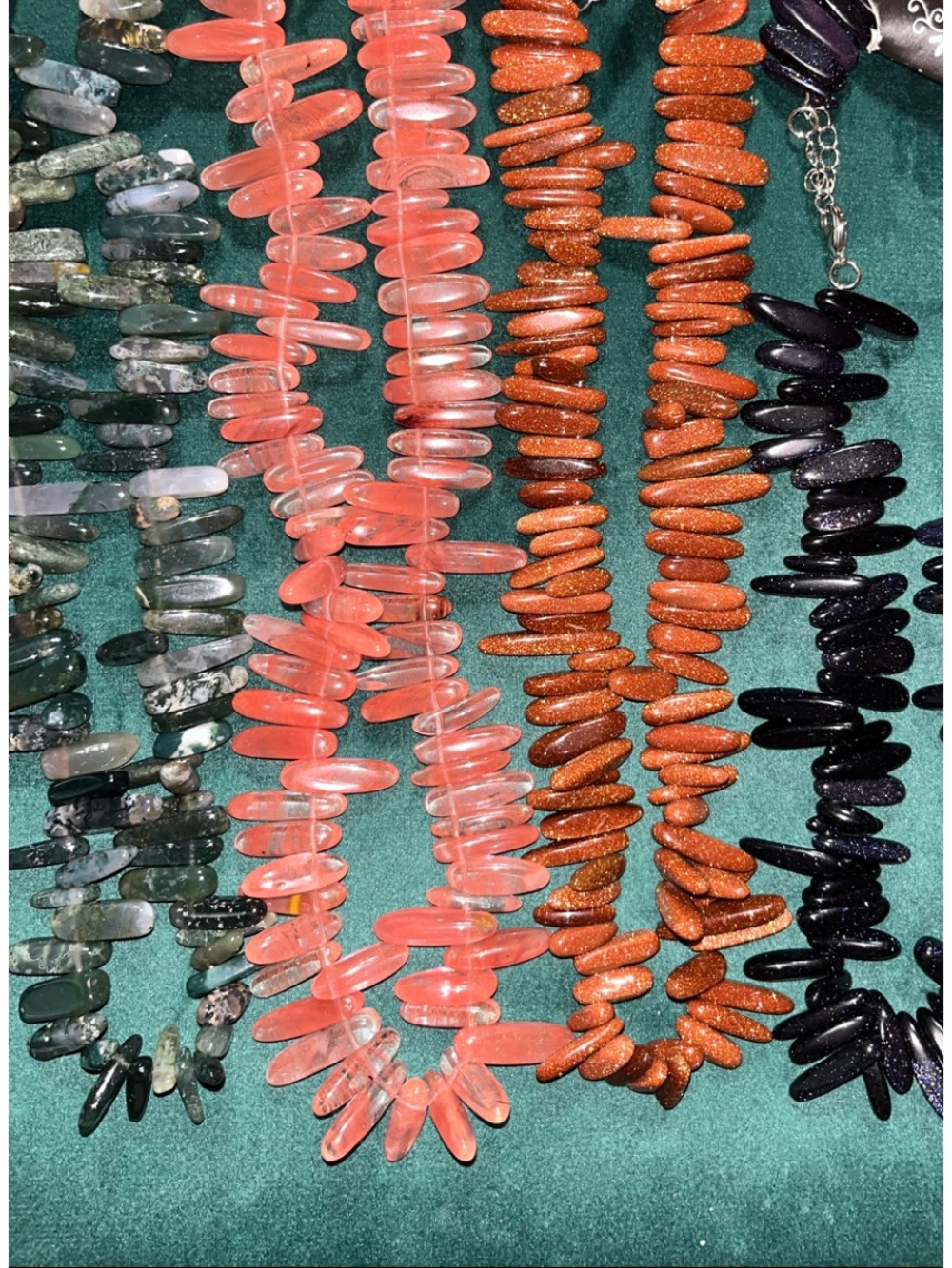 Moss Agate, Rose Quartz, Goldstone and Blue Goldstone Nexklaces